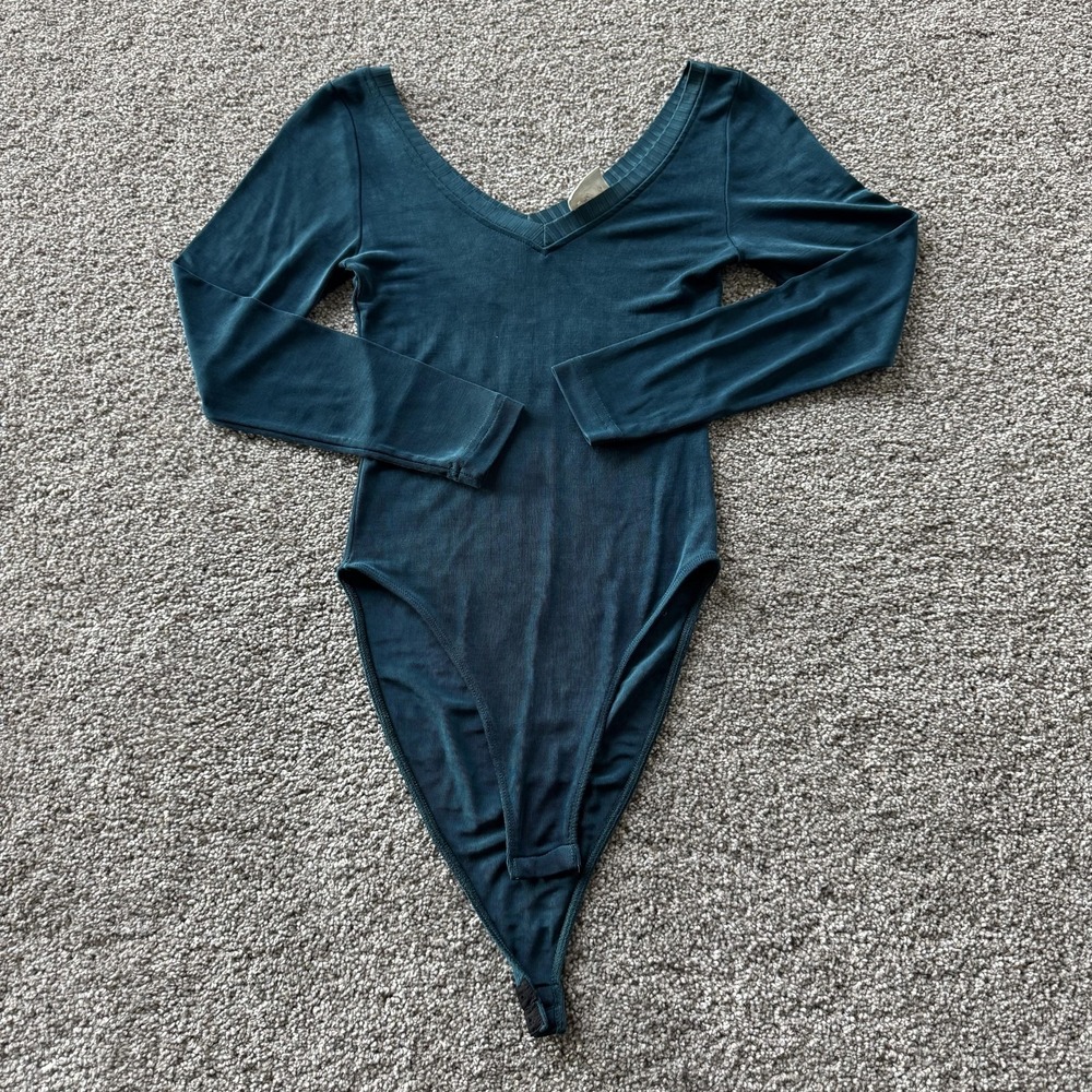 Vintage MODA INTL Bodysuit Women Small Blue Long Sleeve V Neck Stretch One Piece